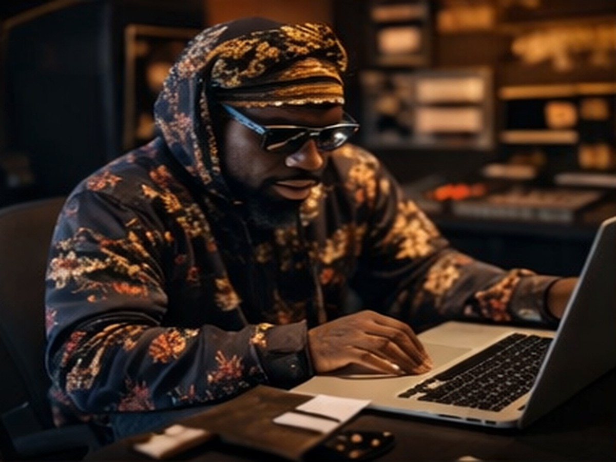 Editorial image of Yasheen Vickers working on a laptop in a studio.