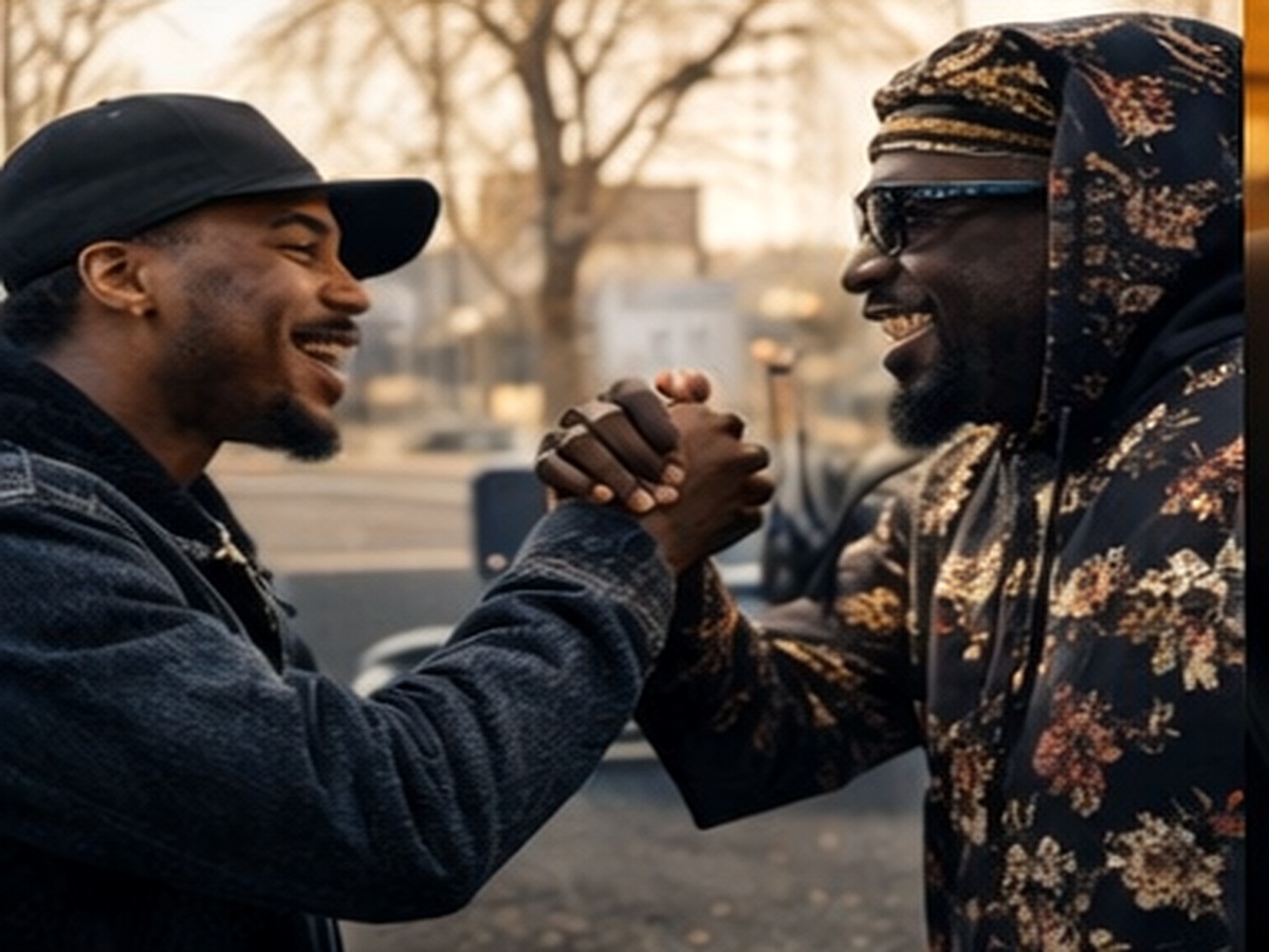 Editorial image of Yasheen Vickers greeting another man outdoors with a clasped handshake.